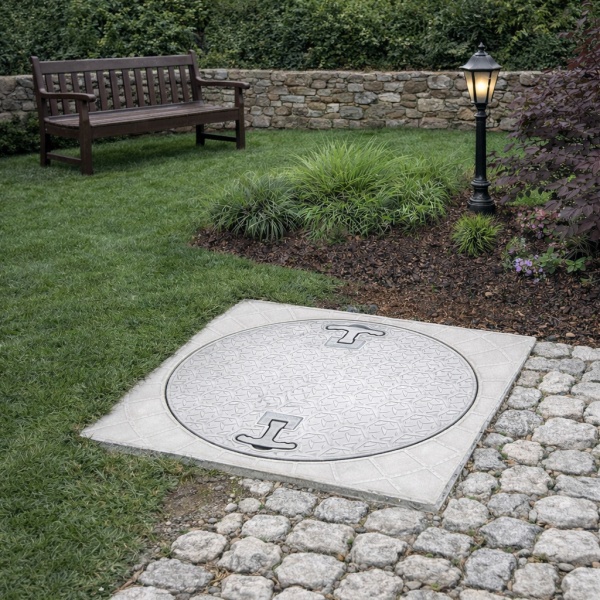 600 mm Kare El Tutamaklı Plastik Rögar (Menhol) Kapağı – Kare Çerçeveli Yuvarlak Kapak - Luxwares Rögar Kapak & Kutu & Drenaj Kanalları