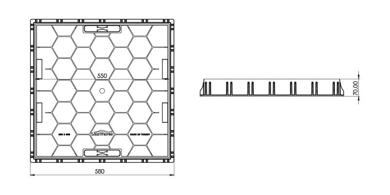 55X55 Gömme Çerçeveli Rögar Kapağı Teknik Ölçüleri