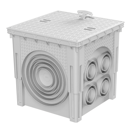 48x48 Menhol Rögar Kutusu – 11 Çıkışlı PE Katkılı Yer Altı Buatı, Kulplu Düz Kapaklı-Luxwares